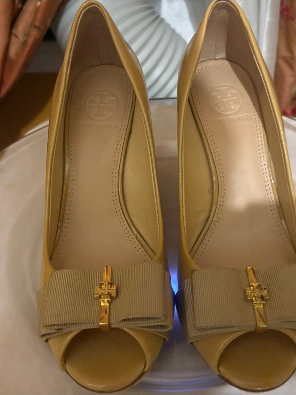 Tory Burch Tan Peep-Toe Wedge with Bow and Gold Logo